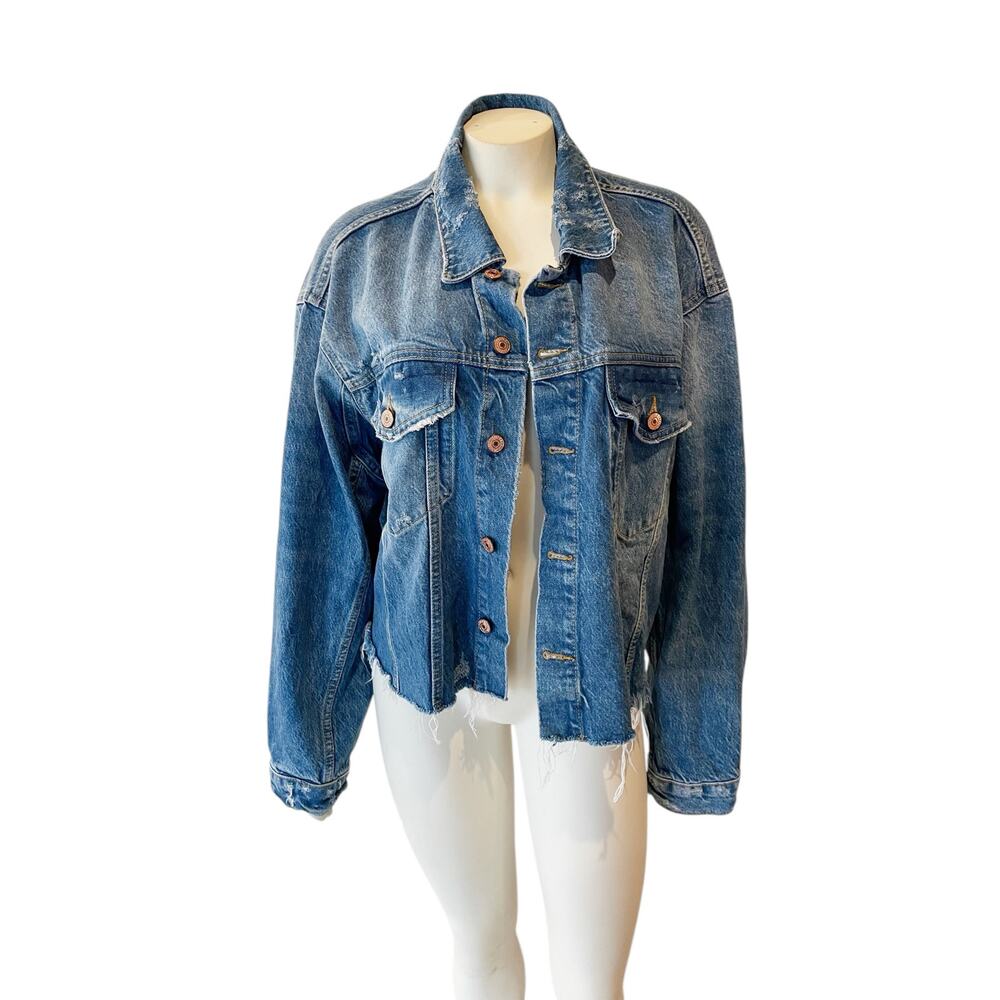 Free People Amelia Medium Wash Slouchy Trucker Denim Jacket Raw Hem - Picture 3 of 12